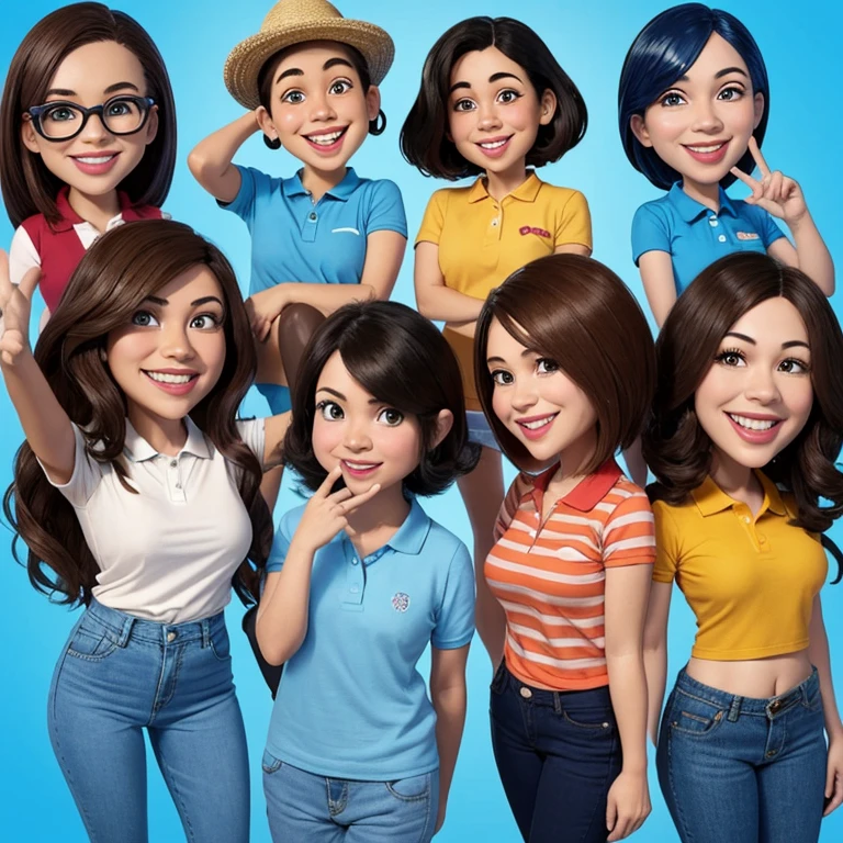 Realistic 3D full body caricatures of big heads, 4 Indonesian women with typical skin colors, fashionably dressed in a random colour polo shirt with a cropped waist, jeans, smiling, sneakers, long wavy brown hair, blue eyes, funny and joke posing sideways. Right arm pointing upwards mini market traditional background illustration render photo realistic 4k ready to print v0.2