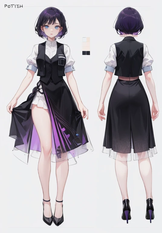 ((Perfect Face)),Purple Hair,Shortcuts,woman,,,Black vest,((Rolled-up sleeves)),slit,skirt,High heels,,((Simple light color background)),((smile)),((Full Body)),((full body)),Portraits,Character Sheet,upright,