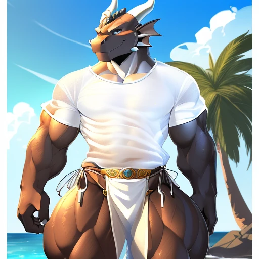 male, (mature daddy medival summer king), (naked), (dark skin), (very small penis), handsome, muscular, white hairy, (blush), (posture with arms crossed), middle aged man, homoerotic, Standing, realistic, morning, delicate eyes, precum, beach