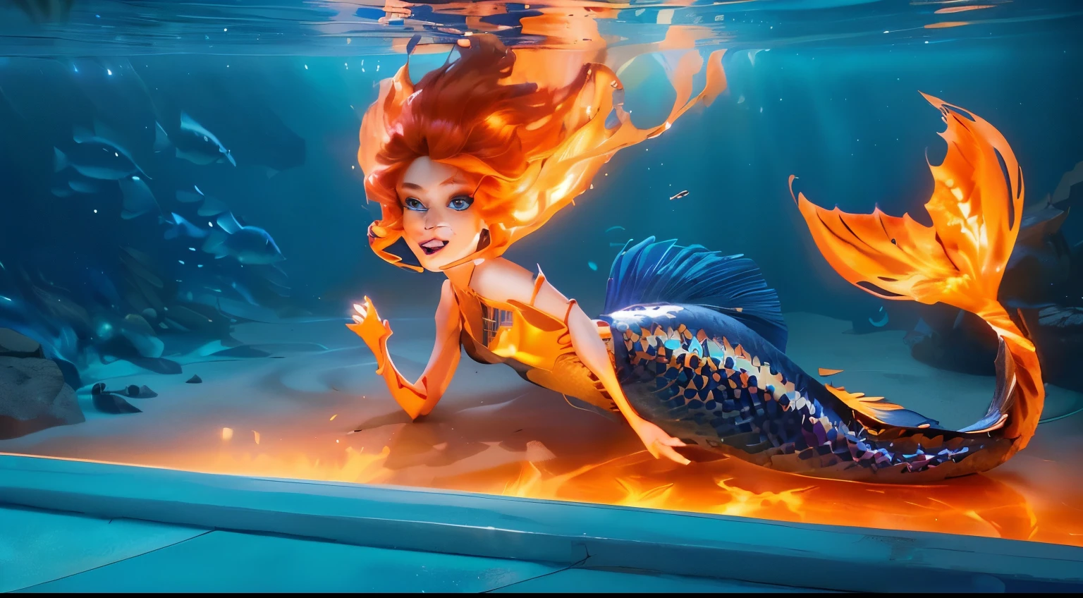 ember mermaid in a tank with a fish tail and a fish tail, she is shocked. as sea mermaid, game cg, splashcreen character art, stylized digital illustration, animated movie still, 3 d animated movie, animated film, cg art, in goldfish armor, siren, stylized digital art, nami, cg artist, closeup shot, fire!! full body, her hair is on fire, fireball lighting her face, firey, wearing tumultus flames, the background black, 4k, rim light, high resolution, 4k, smooth 3d model, multiple light sources, perfect cgi, cgi art created only with gradients, smooth silhouette, high intensity refraction, (super glossy chrome material), most beautiful vfx, blue background, in 4k resolution, allowing viewers to immerse themselves in the richness of the colors and intricate details. The realistic rendering. under the sunlight, reflecting, high-resolution image, realistic rendering, dark background, and rim light photorealistic