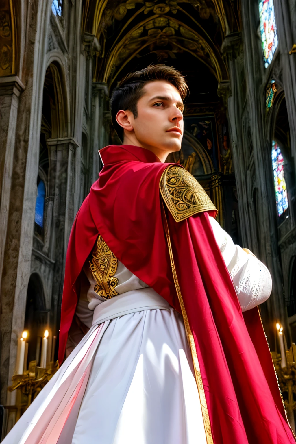 looking back, DariusFerdynand wearing well-fitted sleeveless red and white sheer tight Roman-Catholic-pope robe-armor, looking at viewer, peaceful and righteous expression, dynamic pose BREAK St. Peter's Basilica, Vatican, BREAK heroic, religious motifs, Chiaroscuro, Renaissance art, ecclesiastical power, BREAK realistic, cinematic, best quality, detailed background, depth of field, intricate details