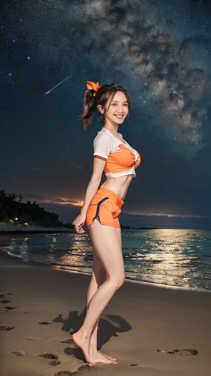 ((masterpiece)), (highest quality), 23 years old,Very detailed, finely, (High resolution), (8k), ((Perfect front viewcomposition)), (Natural color lip),(Side Ponytail:1.3),(((Standing facing forward on the beach at night, Look at me and smile))),((Printed T-shirt)),((Light orange fitness shorts)),((From the whole body to the toes:1.3)),((Perfect front view)),((The magnificent Milky Way floating in the night sky)),((Natural pose)),,((Big ribbon on thigh)),((Normal size buttocks)),((Ample breasts)),((Full and firm breasts)),(Look at me and smile),
