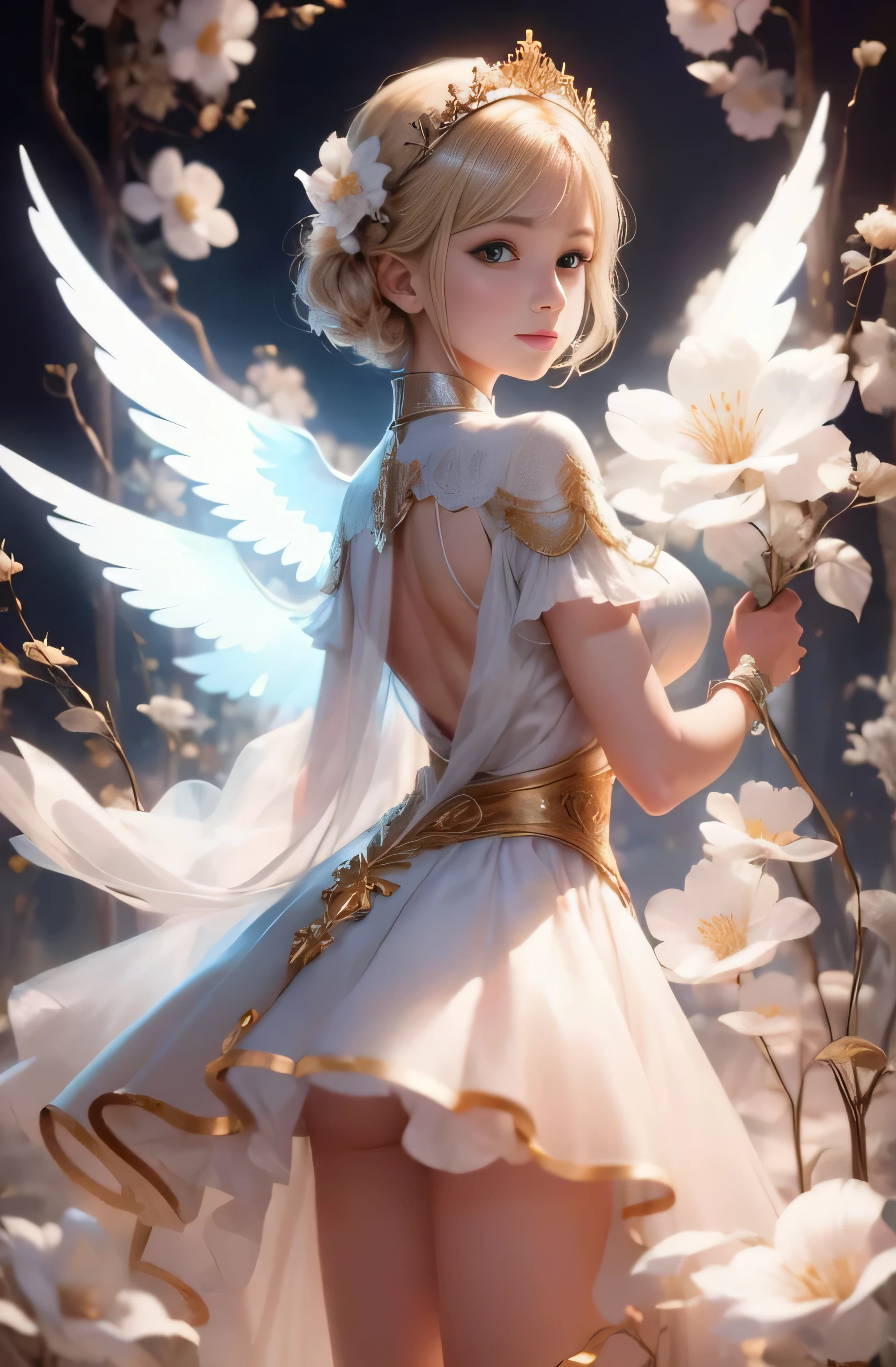 Greek warships、He has white angel wings on his back、8k、Real photo、Ultra-high resolution, Master Parts, highest quality, Ticker , Cinematic images,A lovely girl、Ann、16 years old、ann gross saxon、double eyelid、Droopy eyes、Very big eyes、eye shadow、 Very detailed , blonde、Straight Short Hair、 Sweet expression 、smile、Attractive appearance、、Thin lips ,beautiful long nose、Small nose tip、Very beautiful woman、long supple legs、 Very sharp shadows , jewelry , sexy , Fine grain, Very difficult, Glowing Skin , perfect brilliant ann, Perfect Sentence, Dramatic Shadows ,White tiara on head、white dress with gold embroidery、