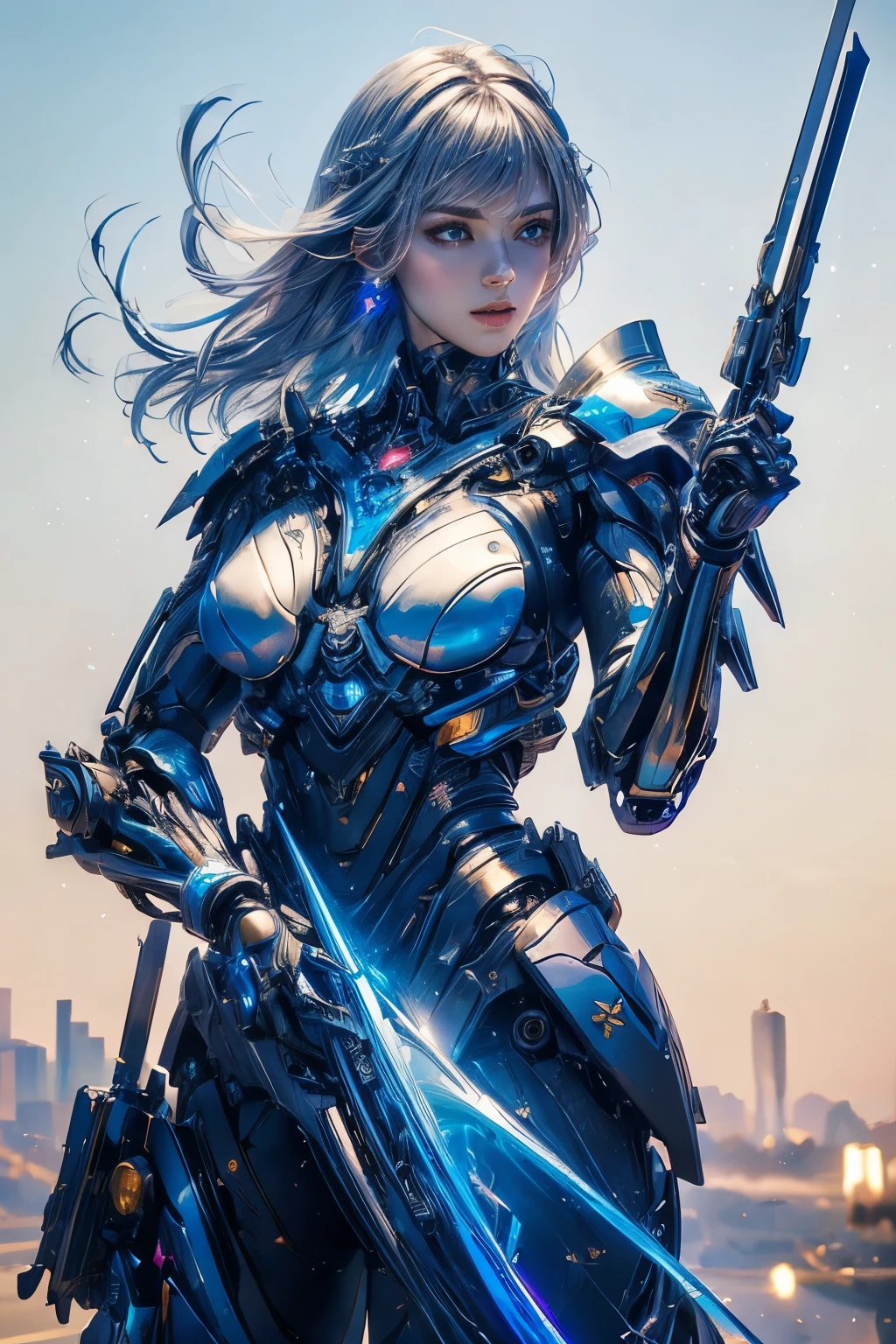 CG Mecha, Beautiful Eyes, Two people、Upper Body, （mechanical）, Double Exposure、Portraiture,jet suit、patrol、 Police Officer、perfection、Neon Light, 8k, born, highest quality, Tabletop, 超A high resolution, colorful, (medium wide shot), (Dynamic Perspective), Sharp focus , (Depth of written boundary, Bokeh:1.3),rossdraws cartoon vibrant、Contemporary art, Highly detailed eyes and face,Ninja Artist, Beautiful fine details、iron, Trim Gear:1.2), ((Tabletop, highest quality)), Detailed Background, Inside the spaceship、Grab your weapon、（Gray Hair）、blue eyes、born物発光、Crescent Moon、Fantasy,masterpiece,Plug in、spectrum、confusion、kaleidoscope