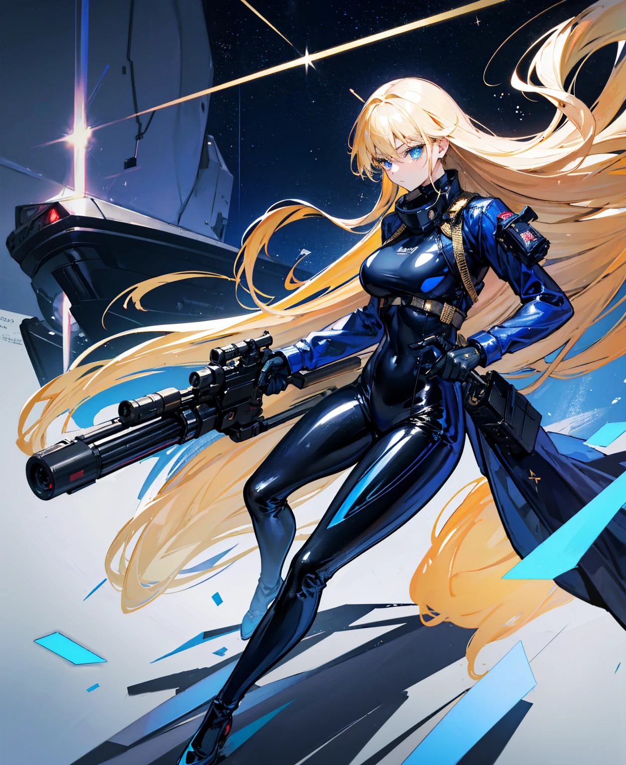 There is no background，girl，Carry a firearm，Navy blue patent leather tight suit，Use of firearms，Long golden hair，attention arousal，Blue sparkling eyes,No gradients