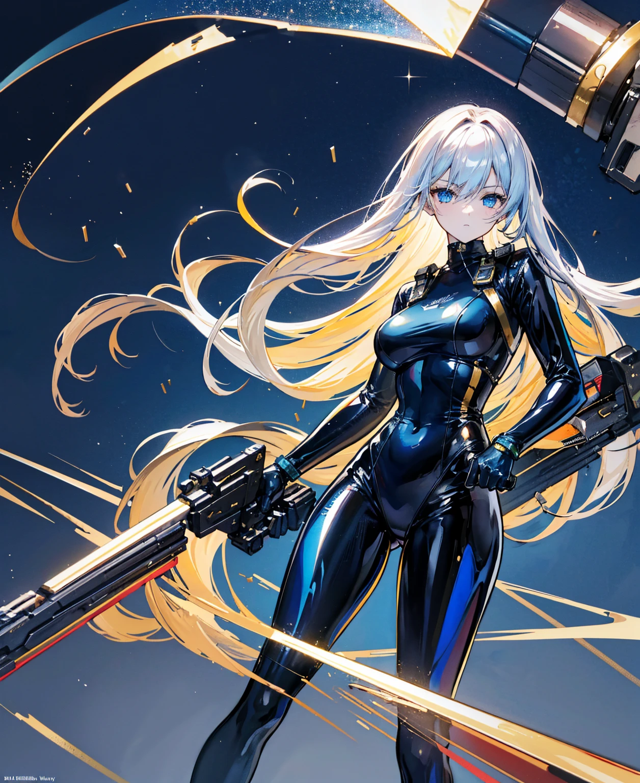 There is no background,girl,Carry a firearm,Navy blue patent leather tight suit,Use of firearms,Long golden hair,attention arousal,Blue sparkling eyes,No gradients