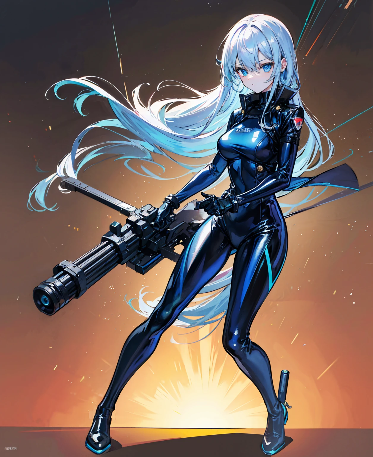 There is no background,girl,Carry a firearm,Navy blue patent leather tight suit,Use of firearms,Long golden hair,attention arousal,Blue sparkling eyes,No gradients