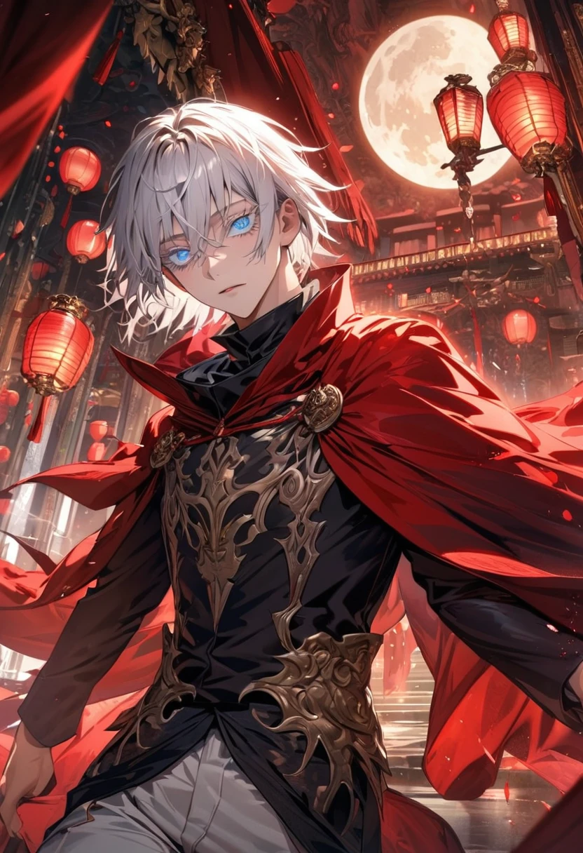 absurdres, highres, ultra detailed, HDR, masterpiece, extremely detailed face and eyes, beautiful eyes, perfect face, beautiful features, Gojo Satoru, expressive blue eyes, white eyelashes, white hair with bangs, hair between the eyes, Jujutsu Kaisen, solo, man, handsome, fantasy world, red roses, red curtains, shining red lanterns, chandelier, sky, moon, fantasy white prince clothes, white pants, red cape, patterns