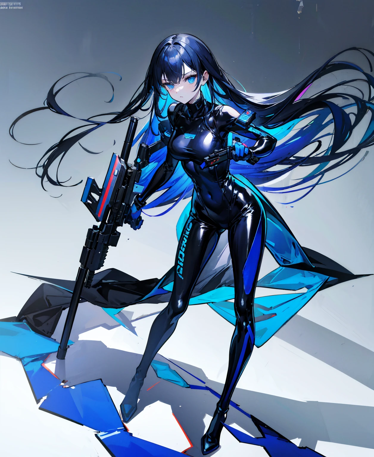 There is no background,girl,Carry a firearm,Patent leather tight suit,Use of firearms,Navy blue long hair,attention arousal,Blue colored eyes,No gradients