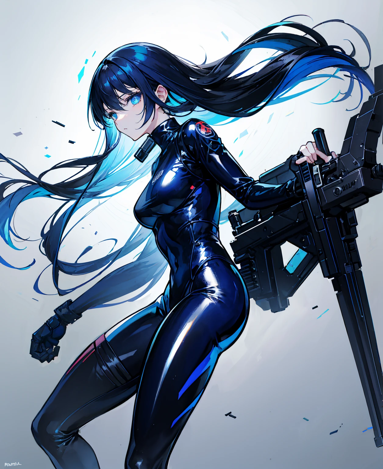 There is no background，girl，Carry a firearm，Patent leather tight suit，Use of firearms，Navy blue long hair，attention arousal，Blue colored eyes,No gradients