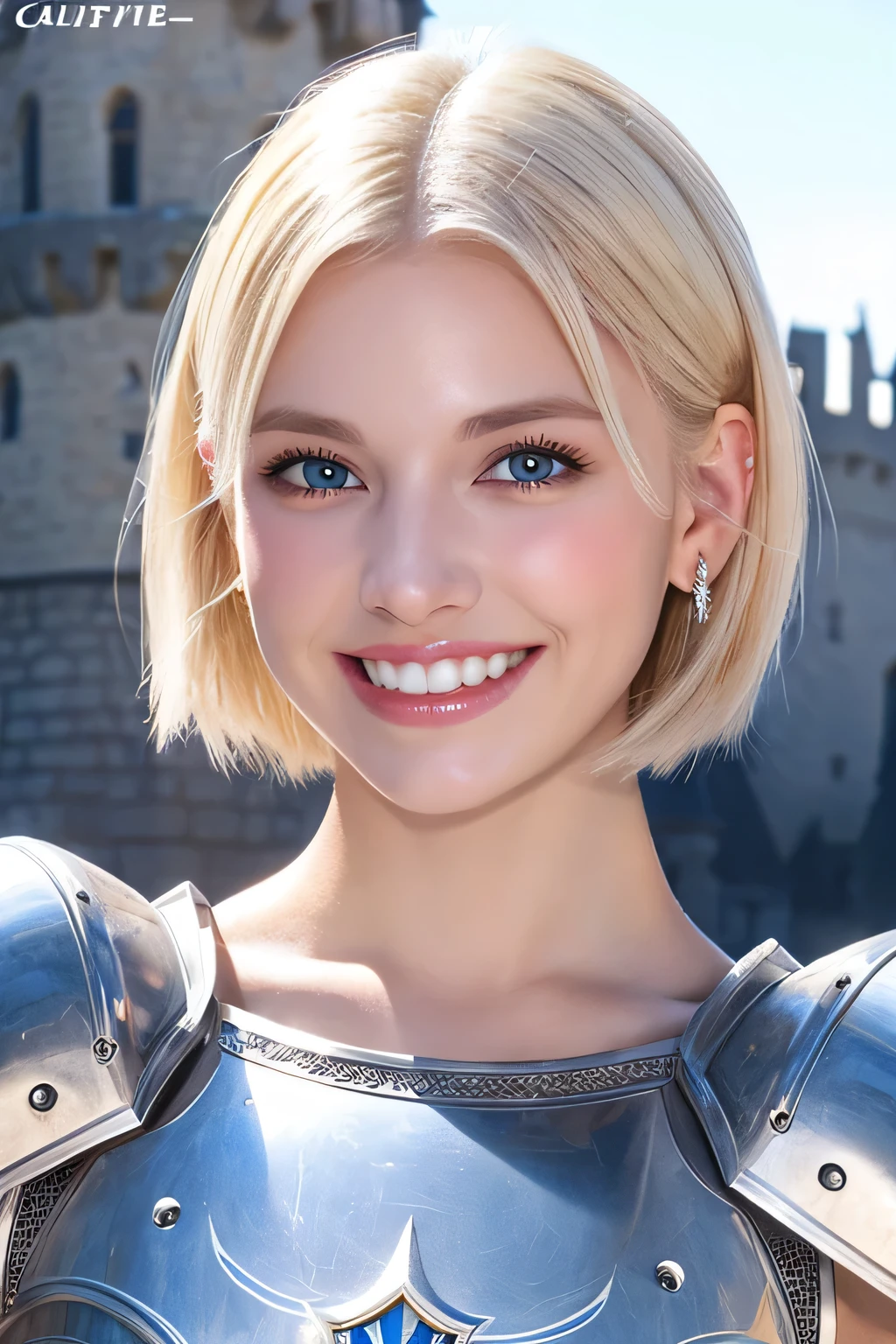 8K、highest quality、female knight、Luxurious Silver Armor、、hairstyle short cut、smile、Beautiful Teeth、Full body photo、ear piercing、blonde、White woman、blue eyes、Heavy makeup、The background is inside the castle