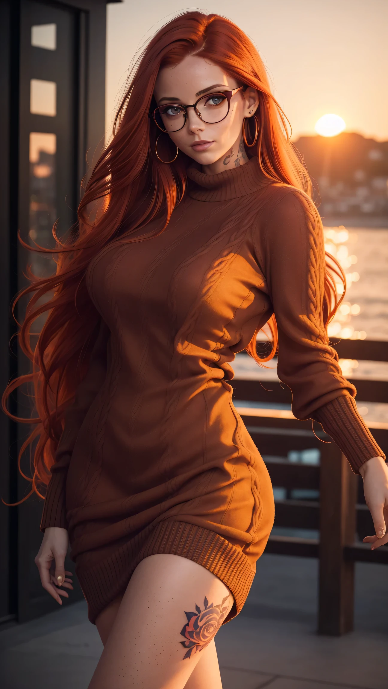 Gorgeous woman in a sweater dress, tattoos, quite long flowing loose untied wavy unkempt Auburn red hair, shapely figure, glasses, at an evening outdoor party, neon lights, perfect beautiful mature face with big beautiful eyes, freckles, sunset, colorful contrast in shadows and light, masterpiece, hips, dancing, seductive