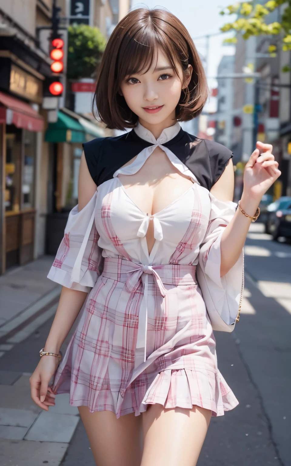 Cute 21 year old Japanese、shopping、Highly detailed facial features、Attention to detail、double eyelid、Beautiful thin nose、Sharp focus:1.2、beauty:1.4、(Light brown hair、short hair、)、Pure white skin、highest quality、masterpiece、超High resolution、(Realistic:1.4)、High resolution, Professional Lighting、nice smile、Please show me your whole body、skirt、Colorful spring clothes、A glimpse of the breast