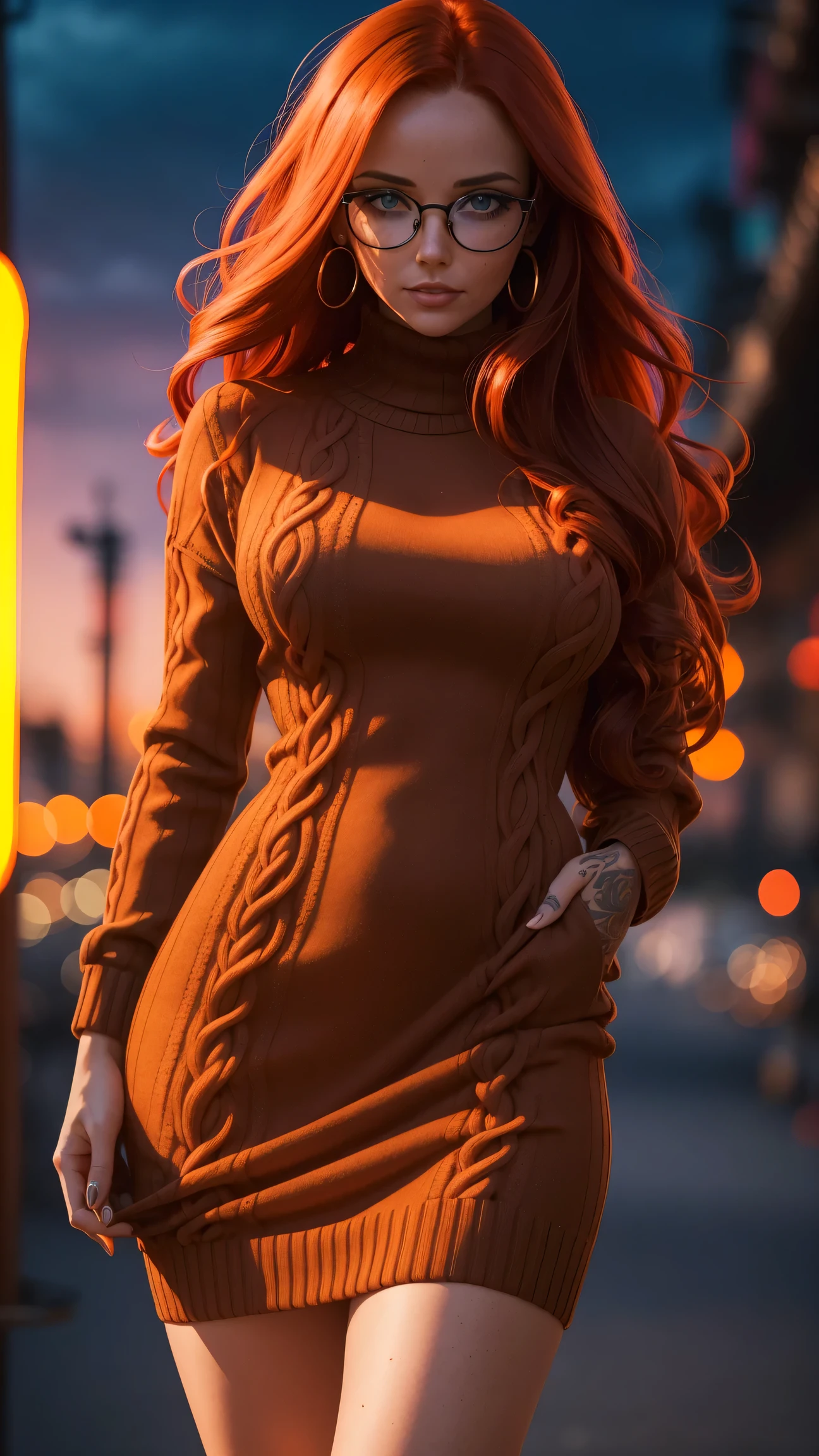 Gorgeous woman in a sweater dress, tattoos, quite long flowing loose untied wavy unkempt Auburn red hair, shapely figure, glasses, at an evening outdoor , neon lights, perfect beautiful mature face with big beautiful eyes, freckles, sunset, colorful contrast in shadows and light, masterpiece, hips, dancing, seductive