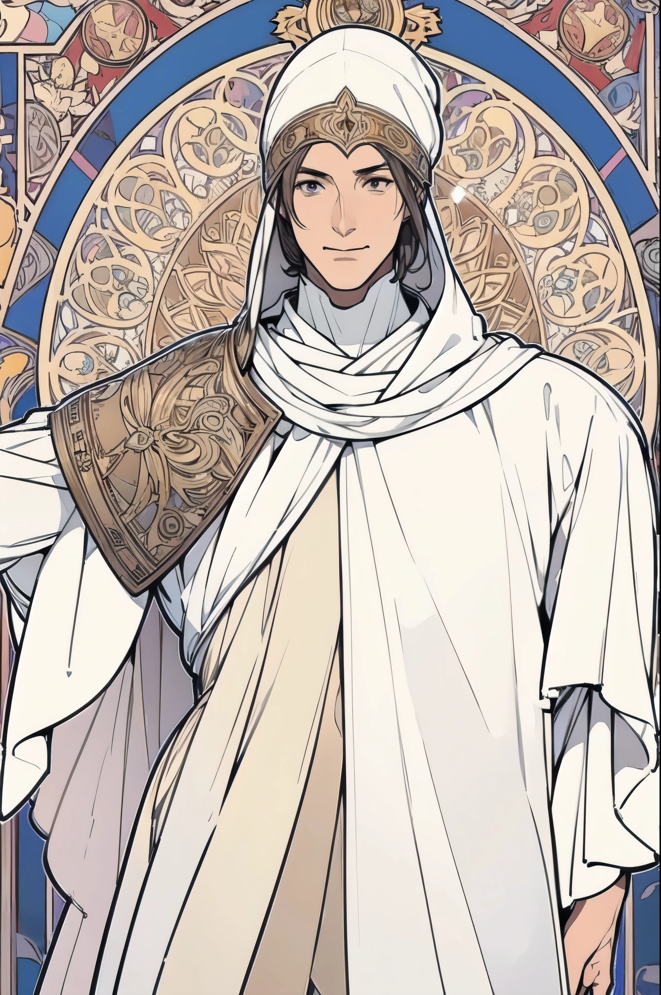 man with a full view,poses,Arcaniic smile,background white,(Medieval soldier),(Mucha in the background)
