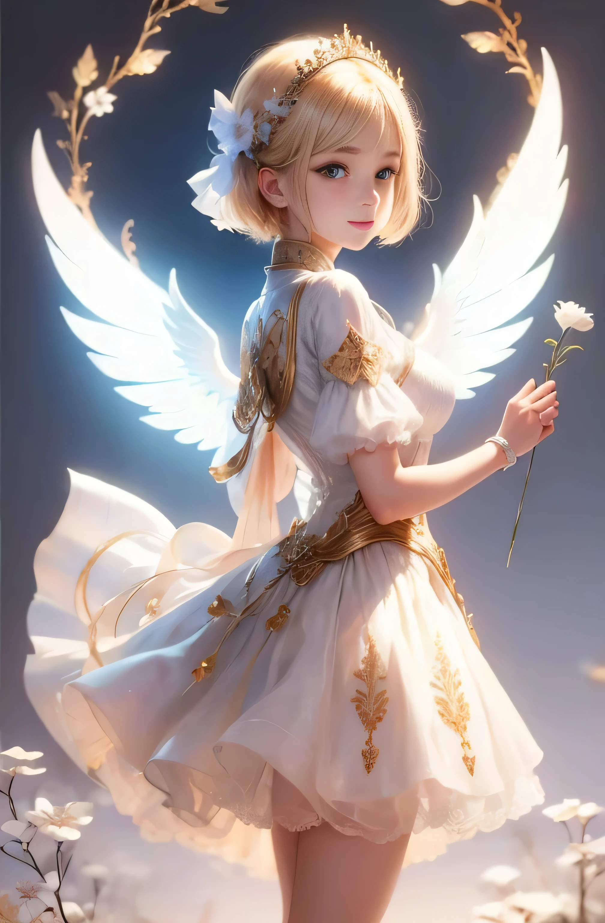 Greek warships、He has white angel wings on his back、8k、Real photo、Ultra-high resolution, Master Parts, highest quality, Ticker , Cinematic images,A lovely girl、Ann、、ann gross saxon、double eyelid、Droopy eyes、Very big eyes、eye shadow、 Very detailed , blonde、Straight Short Hair、 Sweet expression 、smile、Attractive appearance、、Thin lips ,beautiful long nose、Small nose tip、Very beautiful woman、long supple legs、 Very sharp shadows , jewelry , sexy , Fine grain, Very difficult, Glowing Skin , perfect brilliant ann, Perfect Sentence, Dramatic Shadows ,White tiara on head、white dress with gold embroidery、