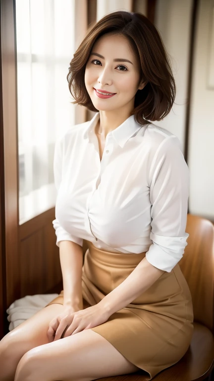 (highest quality,8k,masterpiece),
日本人Mature Woman,40 years,Mature Woman,Pure white skin,
Drawn big breasts,　White collared blouse、Brown flared skirt、Medium Hair、
Sit with your legs apart,A kind smile、A captivating gaze、In-house offices、