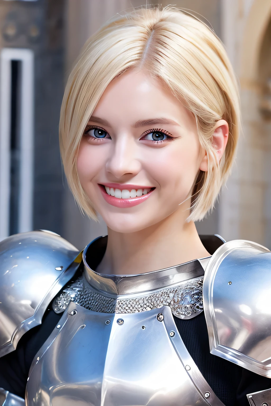 8K、highest quality、female knight、Luxurious Silver Armor、、hairstyle short cut、smile、Beautiful Teeth、Full body photo、ear piercing、blonde、White woman、blue eyes、Heavy makeup、The background is inside the castle