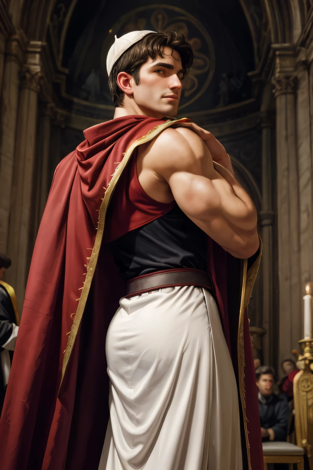 looking back, DariusFerdynand wearing well-fitted sleeveless red and white sheer tight Roman-Catholic-pope robe-armor, looking at viewer, peaceful and righteous expression, dynamic pose BREAK St. Peter's Basilica, Vatican, BREAK heroic, religious motifs, Chiaroscuro, Renaissance art, ecclesiastical power, BREAK realistic, cinematic, best quality, detailed background, depth of field, intricate details