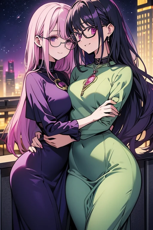 green haired woman with purple eyes with an hourglass figure with glasses in a purple sweatshirt dress is hugging a pink haired woman with violet eyes with an hourglass figure on a rooftop
