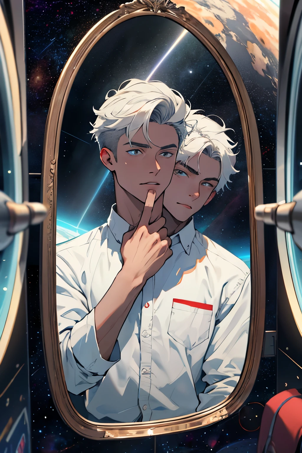 , cabelo branco, jovem, looking at the evil adult version of himself in the mirror, in the middle of space