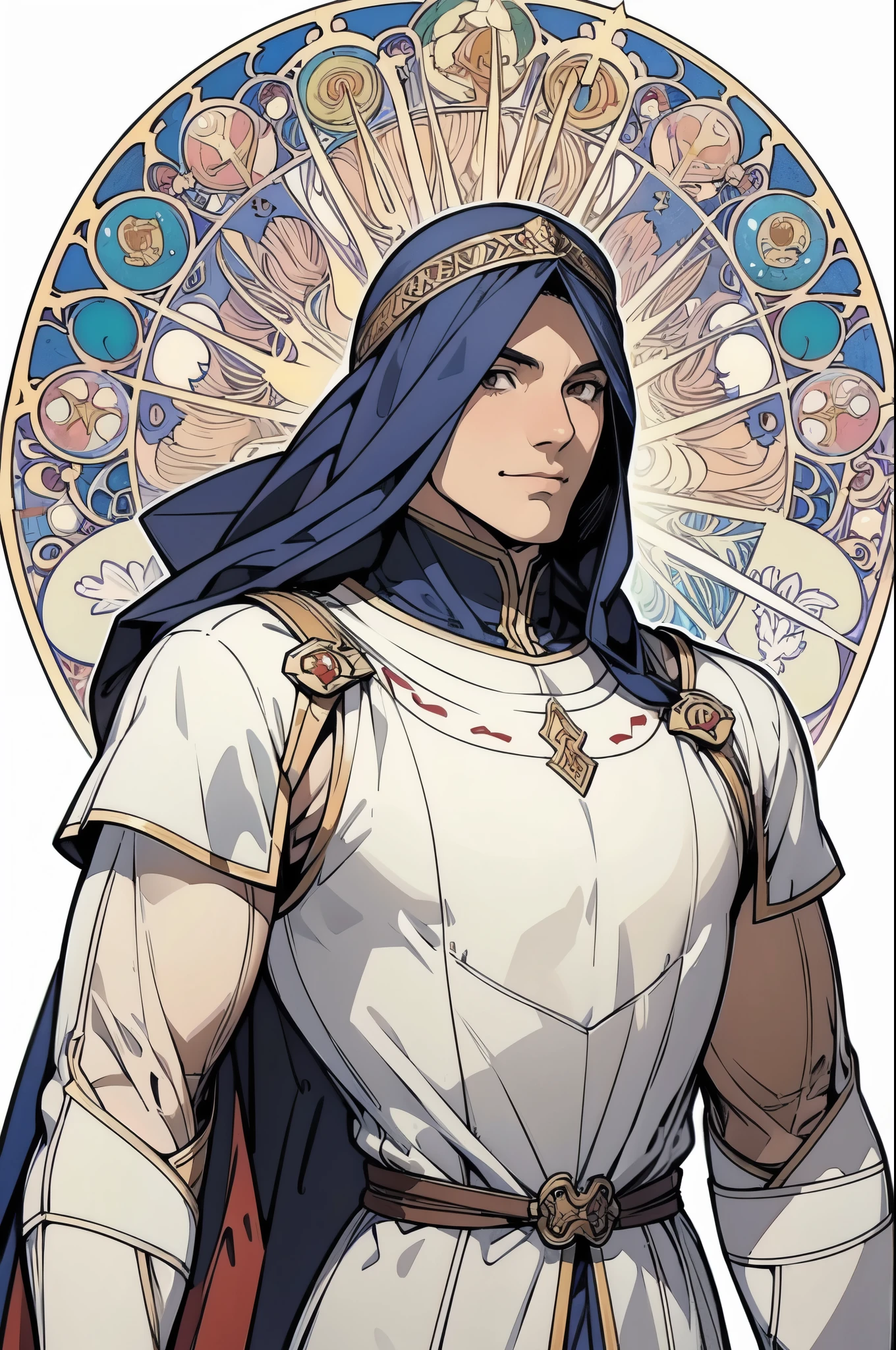 muscular man with a full view,poses,Arcaniic smile,background white,(Medieval soldier),(Mucha in the background)