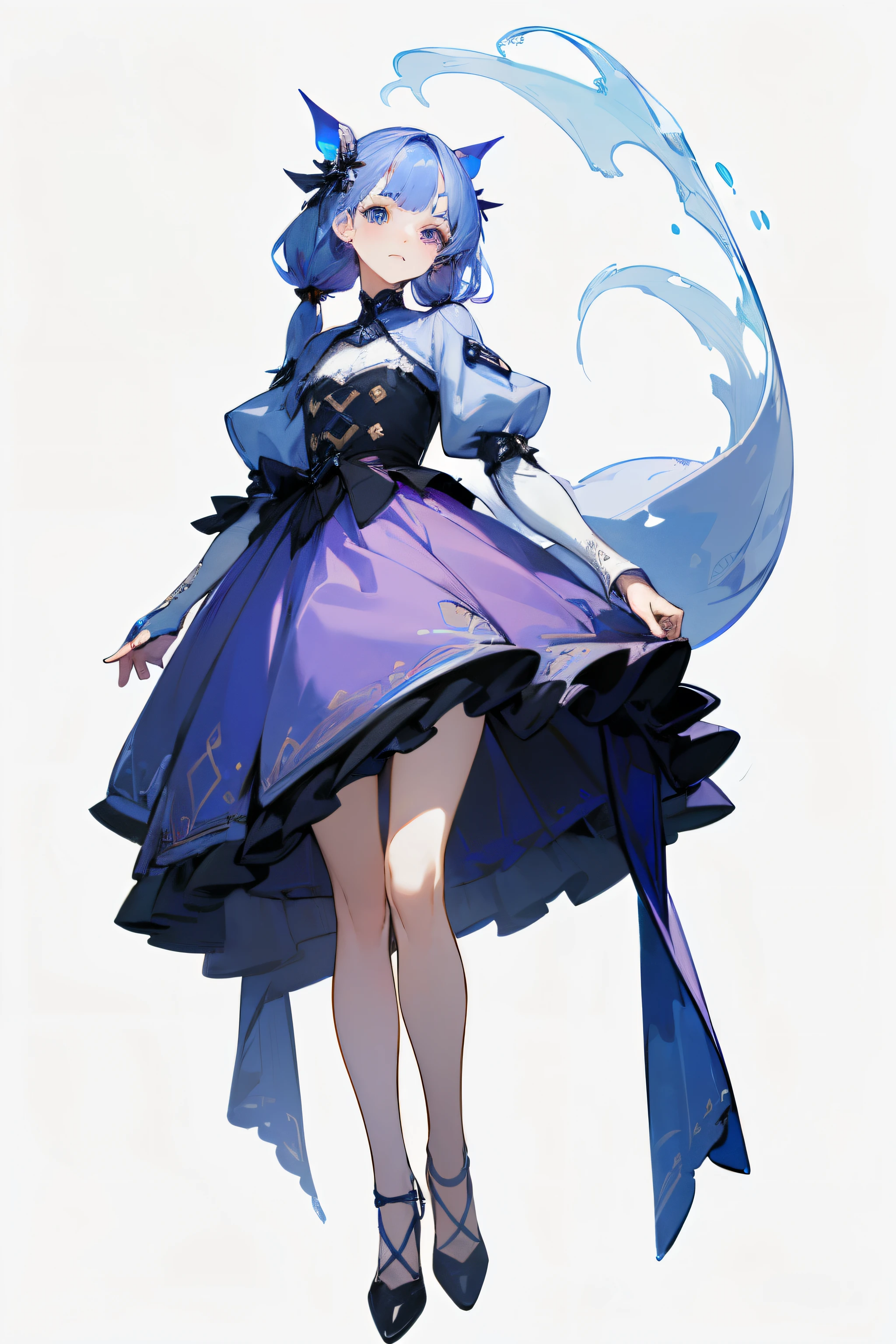 matching outfit, ((Best Quality)), ((Masterpiece)), (Character full body), (((best quality, high quality))), ((((UHD, highres))), (concept art), It's like a cartoon in Japan, 1 character, standing full-body, Clear facial features,Simple line design,Transparent background,(tmasterpiece,top Quority,best qualtiy, Clear facial features,beautidful eyes,beauitful face), beautiful, (((simple detailed))) (((white background))) 6 and a half heads full body, ((no light))), random hairstyle, blue haircolor, light purple eyescolor, random dress,