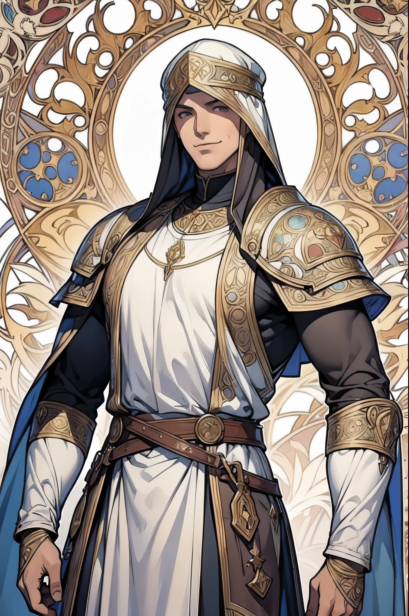muscular man with a full view,poses,Arcaniic smile,background white,(Medieval soldier),(Mucha in the background)
