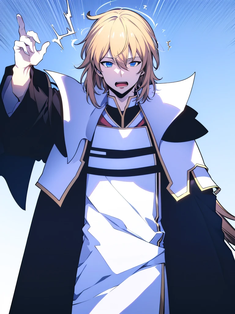 (Illustration, 8k resolution, best quality, masterpiece, minimalist, simplistic detail, whie background, anime) solo: 2, vox machina style, Fedora hat, suit, messy hair, blue eyes, open mouth, happy, male focus, teenager, upper body, comic cover, detexted: 2