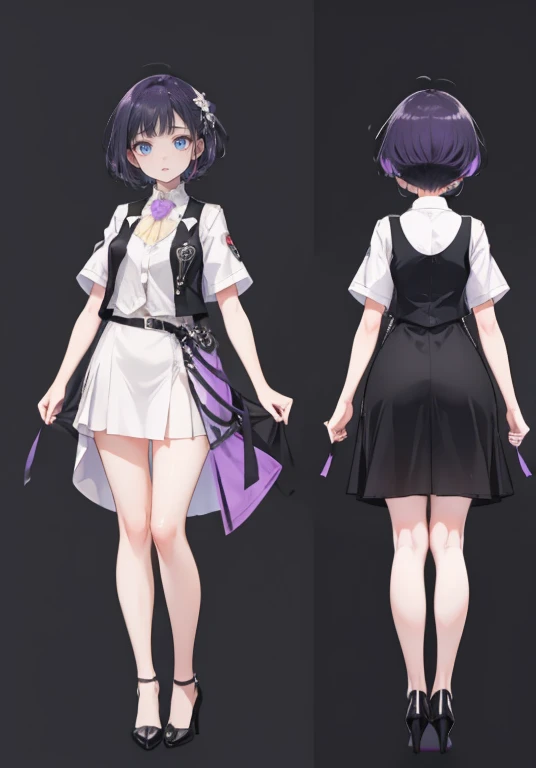 ((Perfect Face)),Purple Hair,Shortcuts,woman,,,Black vest,((Rolled-up sleeves)),slit,skirt,High heels,,((Simple light color background)),((smile)),((Full Body)),((full body)),Portraits,Character Sheet,upright,