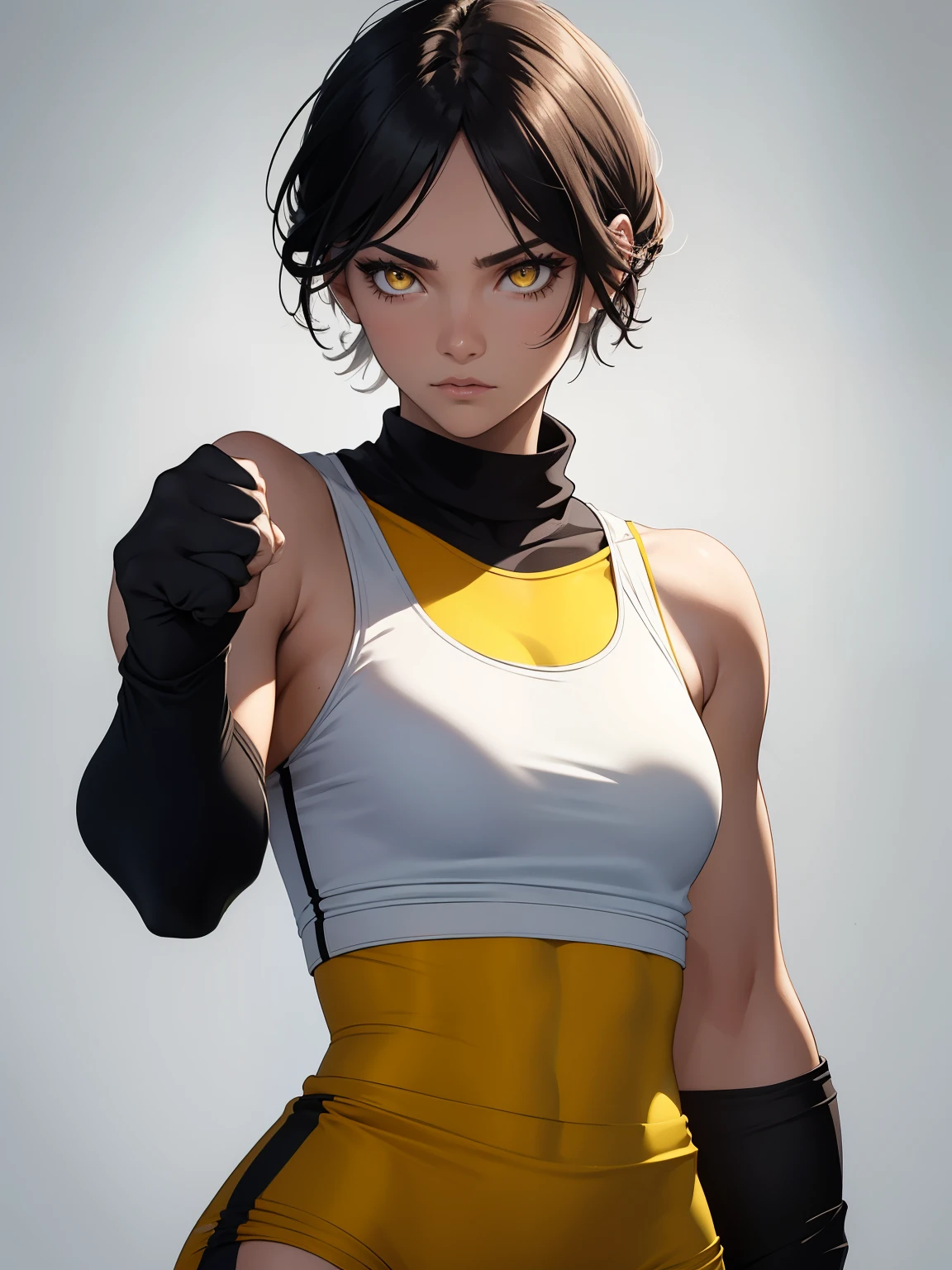 Furious Female boxer lifting the hands in clinch posture, yellow glowing eyes, yellow eyes, short hair wearing boxing gloves, punching the camera, makeup, mascara, Lips are subdued or colors, Minimalism, monotone, simple color palettes, Clean, sharp designs, flowing silhouettes, sports clothes, fighting clothes, high-waisted short, simple dresses, shirts, pants and blouses, asymmetrical, geometric, Elegant and luxurious materials and designs, Simple, minimal accessories, Distinctive designs, simple silhouettes, chic and mature impression, simple and sophisticated style, elegance, minimalism, high quality materials, cool and urban impression, high fashion, , simplicity and sophistication,