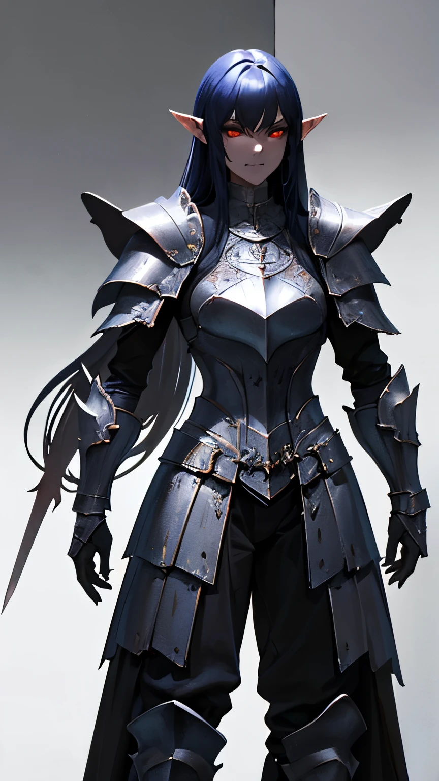 Stable Diffusion prompt: tall gorgeous Female hobgoblin warrior, pointy ears, big fangs, holding a big sword, heavy shield, dark plate armor, symmetrical, highres, ultra-detailed, realistic, concept artist, vivid colors, moody lighting.