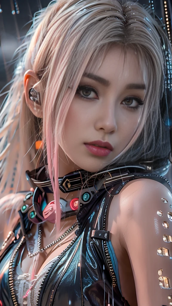 (Realistic:1.3, 16k, highest quality, masterpiece, Ultra-high resolution), ((rain, From below)), Perfect dynamic composition:1.2, (Modern futuristic city at night, Expressions of sadness:0.5, motorcycleを運転する:0.5), Highly detailed skin and facial textures:1.2, Young Japanese Woman, Incredibly slim body, Fair skin, Sexy beauty, Very beautiful face, beautifully、aesthetic, (Pink tight skirt, Wear cyberpunk clothes), (Shapely breasts, Chest gap), (Big eyes that exude beautiful eroticism, Lips that exude beautiful eroticism), necklace, Earrings, bracelet, wedding ring, Shoulder bag, clock, sunglasses, motorcycle, Cowboy Shot