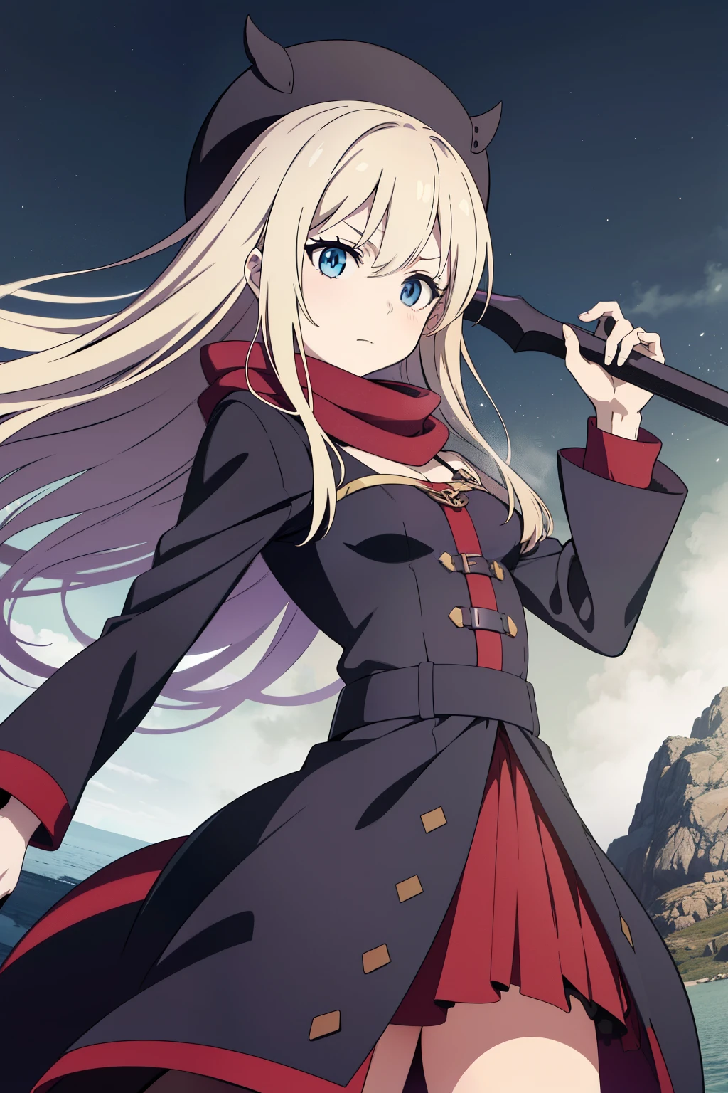 nazuna \(from Soul Eater game - Soul Eater picture 7 --s2\), ethereal beauty, long wavy hair, carries a scythe, gothic style, dark dress, red scarf, black thigh-high boots,Details:

(best quality:1.5, highres, UHD, 4K, detailed lighting, shaders), long, wavy, flowing hair, beautiful, captivating eyes, expressive, souls object, scythe in hand, dark gothic dress, red scarf, black thigh-high boots, glossy texture, ultra-realistic, highly detailed,

nazuna, solo, in a dim