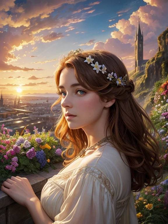 A breathtaking photorealistic oil painting by Greg Rutkowski, inspired by Alphonse Mucha and the Studio Ghibli aesthetic, capturing a beautiful British woman [Elizabeth II:Maude Adams:0.4] with short, curly ginger hair. Detailed face, She stands atop a hill, gazing at the picturesque Cornwall city below. The warm sunset colors create a stunning contrast with the cool blues of the city, as a seagull soars in the sky. A butterfly hovers near vibrant flowers in the foreground, while a rainbow arches across the heavens. The overall atmosphere of the painting is cinematic and evocative, with the composition inviting viewers to immerse themselves in this enchanting scene., cinematic, painting
