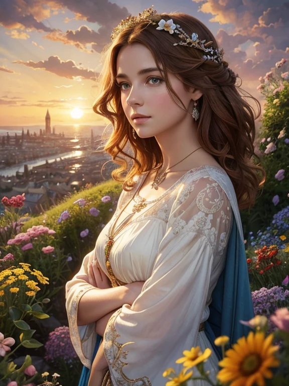 A breathtaking photorealistic oil painting by Greg Rutkowski, inspired by Alphonse Mucha and the Studio Ghibli aesthetic, capturing a beautiful British woman [Elizabeth II:Maude Adams:0.4] with short, curly ginger hair. Detailed face, She stands atop a hill, gazing at the picturesque Cornwall city below. The warm sunset colors create a stunning contrast with the cool blues of the city, as a seagull soars in the sky. A butterfly hovers near vibrant flowers in the foreground, while a rainbow arches across the heavens. The overall atmosphere of the painting is cinematic and evocative, with the composition inviting viewers to immerse themselves in this enchanting scene., cinematic, painting