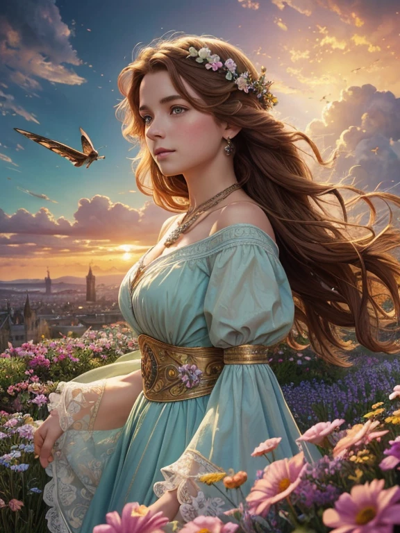 A breathtaking photorealistic oil painting by Greg Rutkowski, inspired by Alphonse Mucha and the Studio Ghibli aesthetic, capturing a beautiful British woman [Elizabeth II:Maude Adams:0.4] with short, curly ginger hair. Detailed face, She stands atop a hill, gazing at the picturesque Cornwall city below. The warm sunset colors create a stunning contrast with the cool blues of the city, as a seagull soars in the sky. A butterfly hovers near vibrant flowers in the foreground, while a rainbow arches across the heavens. The overall atmosphere of the painting is cinematic and evocative, with the composition inviting viewers to immerse themselves in this enchanting scene., cinematic, painting