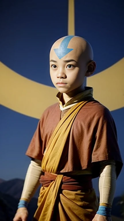 AangAv, solo, 1 boy, Tibetan, light skin, gray eyes, bald, blue arrow, orange and yellow robes,