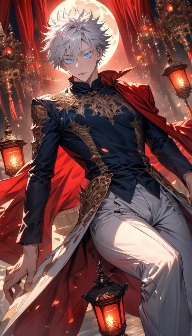 absurdres, highres, ultra detailed, HDR, masterpiece, extremely detailed face and eyes, beautiful eyes, perfect face, beautiful features, Gojo Satoru, expressive blue eyes, white eyelashes, white short hair with bangs, hair between the eyes, Jujutsu Kaisen, solo, man, handsome, fantasy world, red roses, red curtains, shining red lanterns, chandelier, sky, moon, fantasy white prince clothes, white pants, red cape, patterns