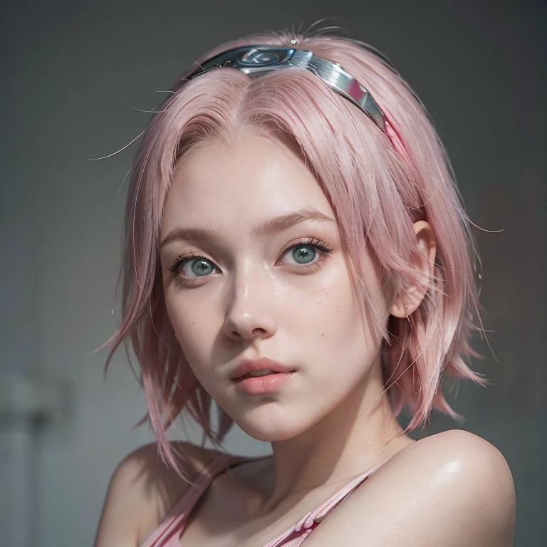 young woman, short shoulder-length pink hair, wide forehead, porcelain skin, pink eyebrows, big emerald green eyes, buttoned nose, full lips, heart-shaped face, slender body, small breasts, red tank top, Sakura Haruno , realistic, realism, details, 3d, well detailed