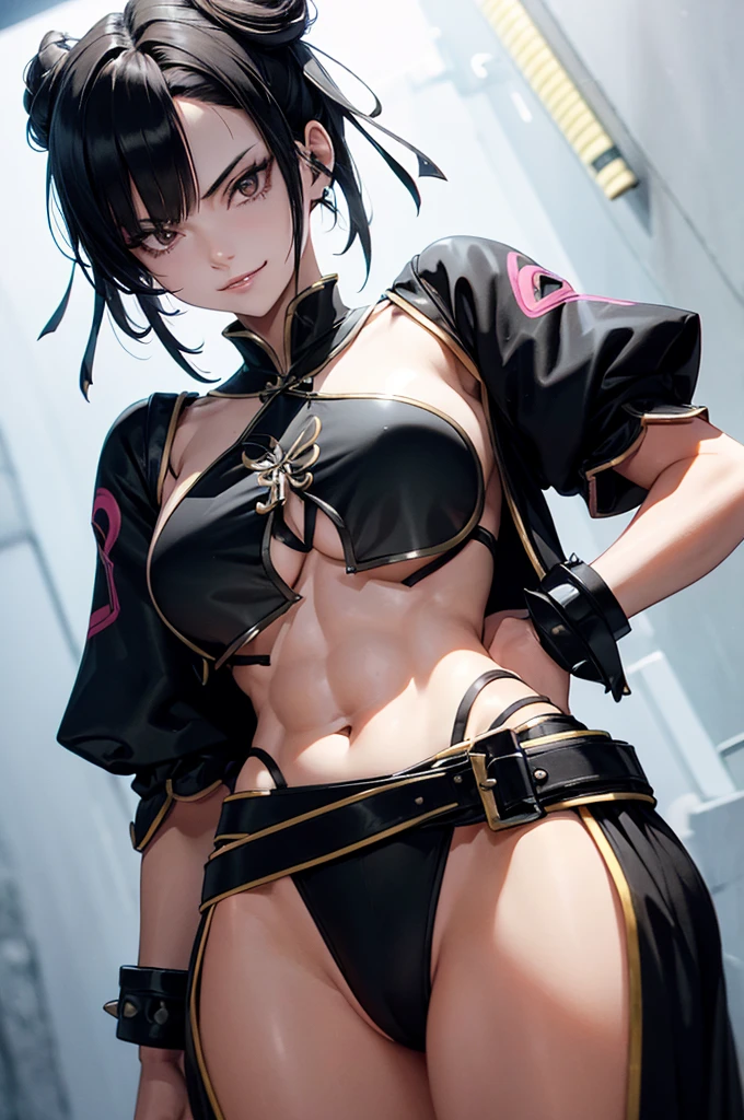 ,mulher jovem,short black hair , badass , colan,May,coxas torneadas,Evil Smile,juri han,chifres de cabelo,detalhes do corpo,low yellow lighting,raios de luz belo corpo detalhado