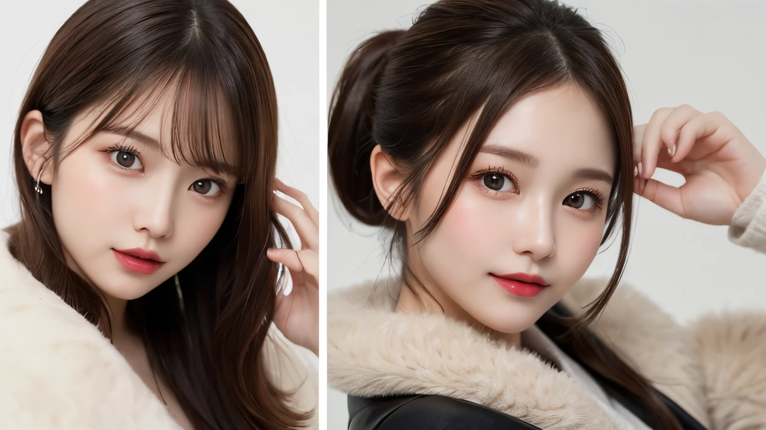 On the table, best quality, shape, Ultra Detailed, Finely, high resolution, 8k wallpaper, 完璧なダイナミックな構shape, Beautiful and delicate eyes, Medium Length Hair, Small Breasts, Natural lipstick, casual sexy pose,Smile,20 year old girl、midnight、Beautiful and detailed face、Perfect beautiful face,big eyes、original photo、Expressing female posture using the whole body、Beautiful and delicate eyes、Small face、Beautiful duplex、Facelift and style,Luxury brand mink coat(Internal：Black winter coat)、Beautiful golden ratio face,Double ponytail hairstyle