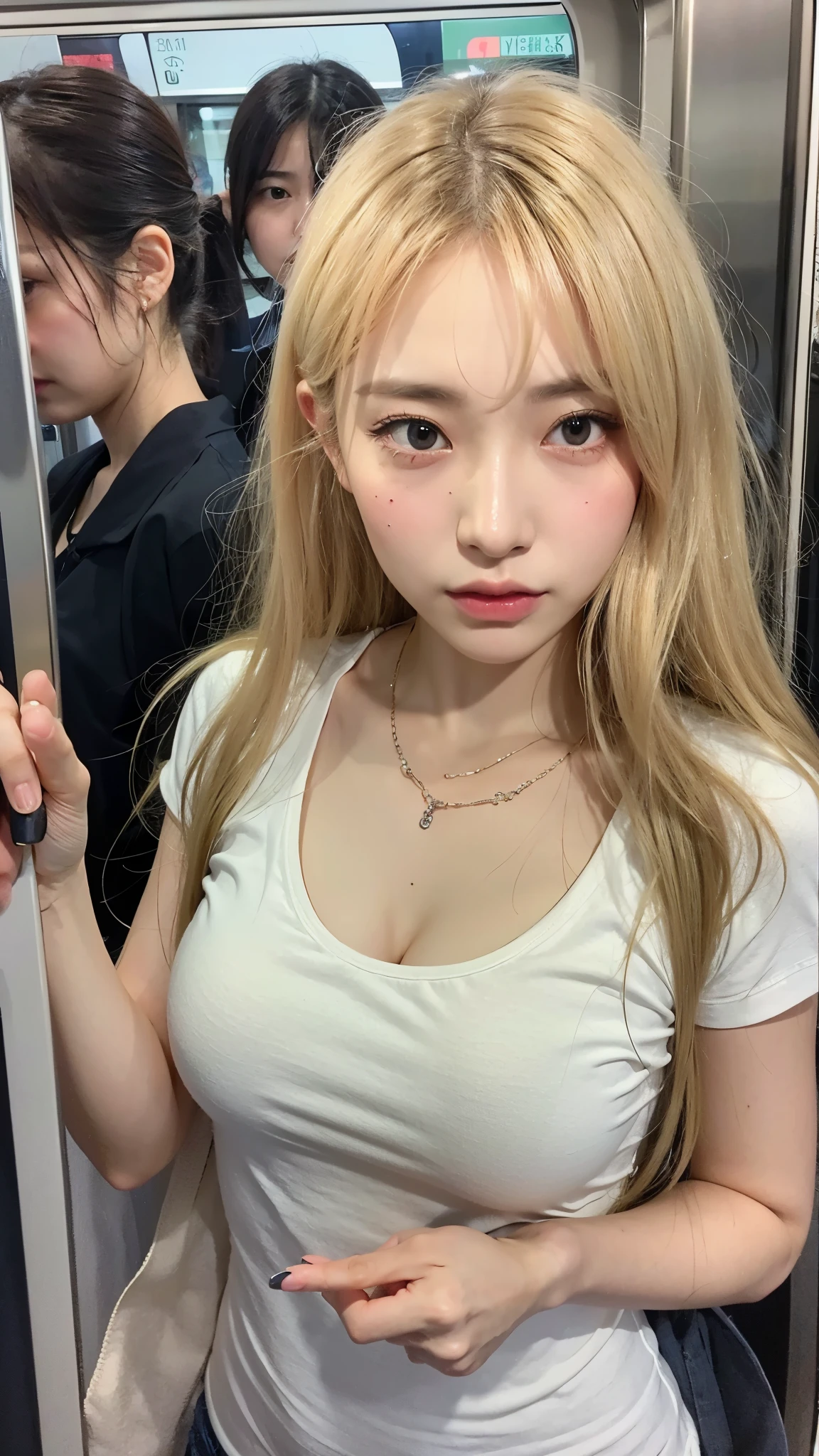 (highest quality、8k、32k、masterpiece、Hmph:1.2)、Cute Japanese Women Photos、Soft looking breasts、No bra、Ample breasts、Shortcuts、Face Focus、White T-shirt、necklace、From above、Looking at the audience、Disappointed and sad face、Dynamic Shadows、blonde、Wet shiny hair、Shine, Watery eye、((In a crowded train)),