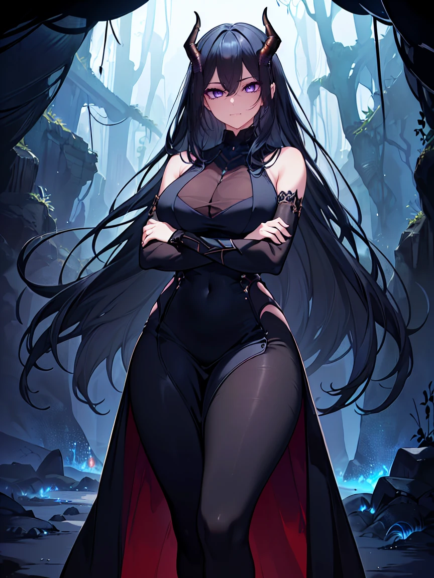 (Uhd, Masterpiece, Textured Skin, Super Detail, High Details, High Quality, Best Quality), Detailed Face, 1woman, mature pretty woman, ((wide hips, thick thighs)), ((Long Dark Blue eyes hair)), ((Black Sexy Rpg dress), (Pants), (Spider, Web, Silk), (Oni Horns), (standing, inside a dark cave full of cobwebs), (standing), (giant spiders behind)