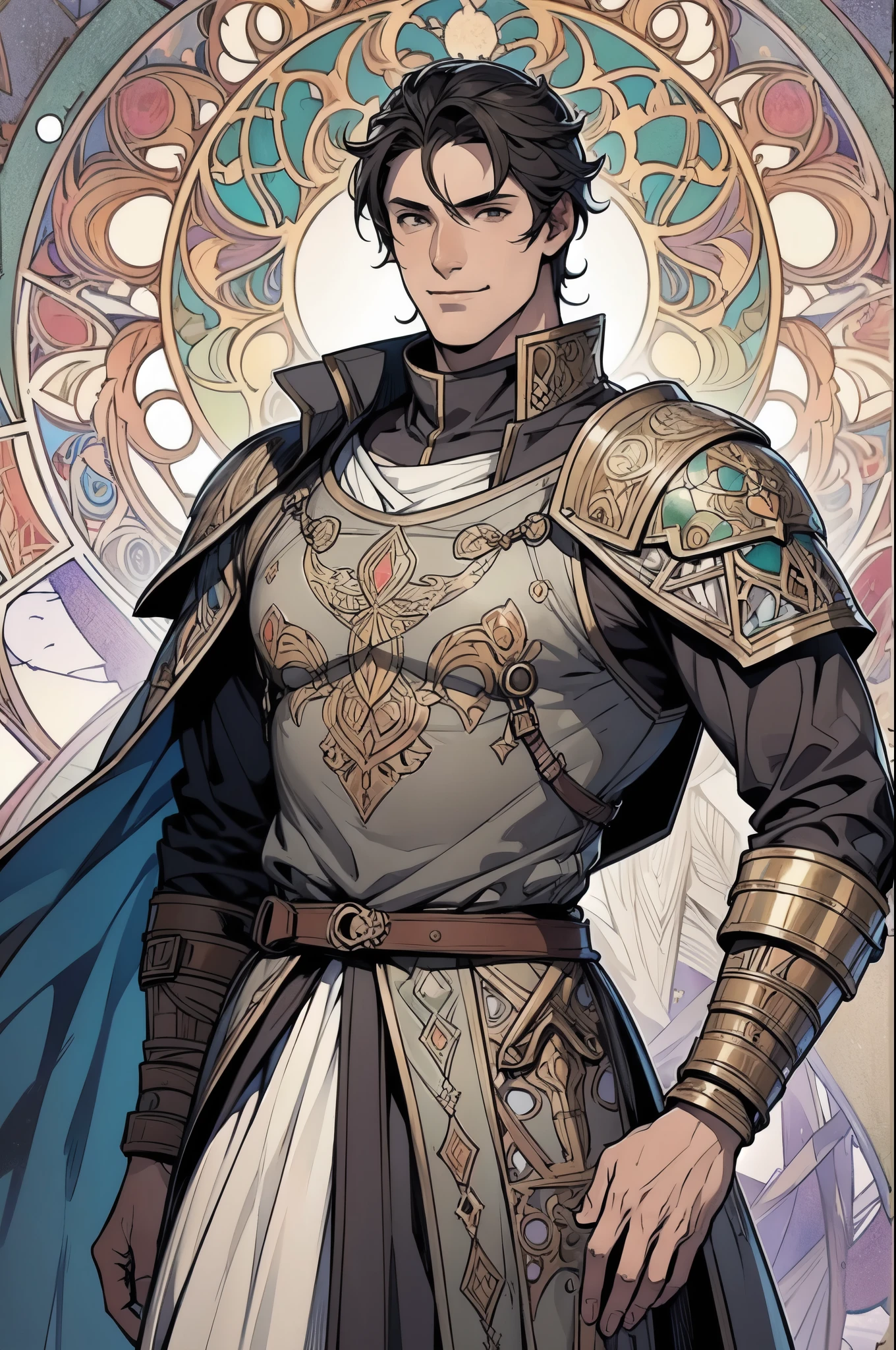 muscular man with a full view,poses,Arcaniic smile,(Medieval soldier),(Mucha in the background)