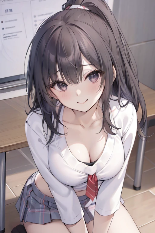 ((highest quality, 8k, masterpiece: 1.3)),((Amazing details: 1.2)),((shape: 1.1)), (Realistic, photoRealistic:1.4), Female Solo,high school girl、Shiny skin, thin, beautiful 髪, Beautiful Face, Highly detailed face, beautiful detailed 目, Beautiful clavicle, Beautiful body, Beautiful breasts, Beautiful thighs, Beautiful legs, Beautiful fingers, (High-quality fabric, red checked tie, A white shirt with a long sleeve and a collar, Grey plaid pleated skirt), Black socks, (Beautiful views), morning, (classroom) ,,ponytail、 Long eyelashes, Solid Circle Eye, Captivating smile、blush:1.4、tongue、Cleavage:1.3、necklace、(Close one eye、Wink)、((Sitting on the floor、Keep your knees together、Sit with your knees bent))、Mid-chest、Short tops、Low-rise skirt、Slender body、Toned Abs、flat sitting on floor, tongue出し、Belly button pairing、Swaying earrings、