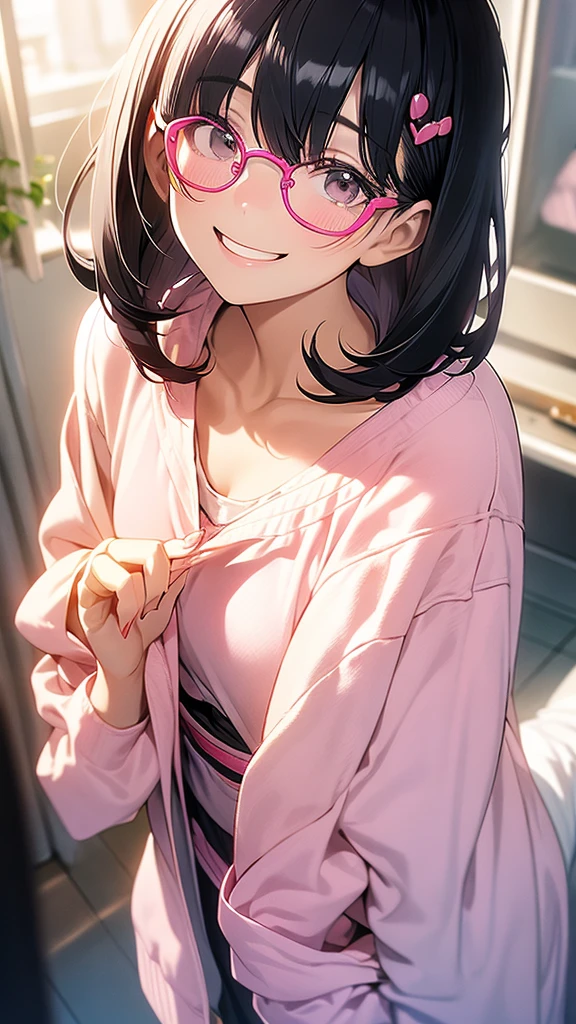 Teenage girl、Neat clothes、Pink round glasses、White skin、Pink lips、Black Hair、Straight Hair、Short Bob Hair、Depiction of the upper body、Looking up at the viewer、Smiling Kindly、Open your lips、