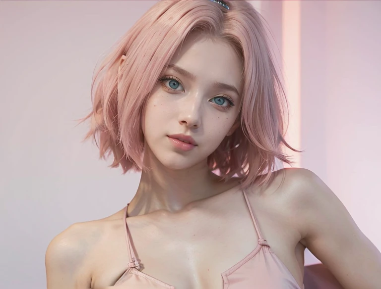 young woman, short shoulder-length pink hair, wide forehead, porcelain skin, pink eyebrows, big emerald green eyes, buttoned nose, full lips, heart-shaped face, slender body, small breasts, red tank top, Sakura Haruno , realistic, realism, details, 3d, well detailed
