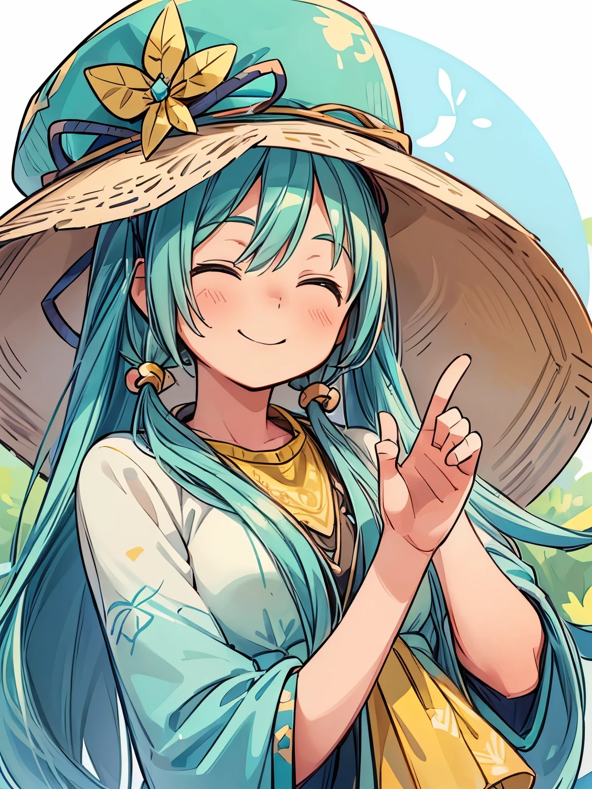 (masterpiece、highest quality、highest quality、Official Art、Beautiful and beautiful:1.2)、(One girl:1.3)Hatsune Miku、Twin tails,Big Breasts,Full Shot, whole body: 1.4, Unreal Engine: 1.4, Ultra-realistic, Photorealistic CG K: 1.4, Skin Texture: 1.4, masterpiece: 1.4, ((Beautiful woman in a hippie hat, Hippie clothing, Happy, Beautiful smile and perfect, subtle, Make a funny gesture: 1.5)), Bohemian Hippie Truck: 1.7, Long Hair, Hippie clothing of various colors, 32k.