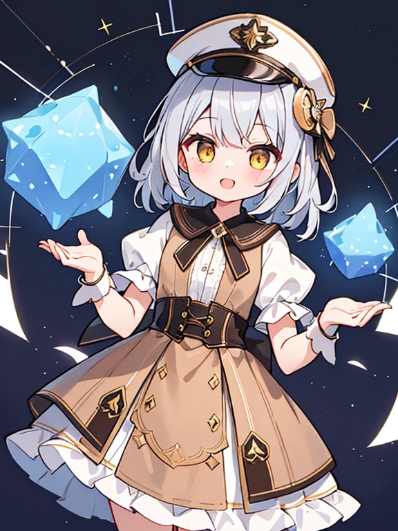(highest quality)),((Tabletop)),((Very detailed)),(figure),(Detailed light),(Very delicate and beautiful),(8k、One Girl、upon)、Silver Hair、Yellow Eyes、Brown based dress、Star-inspired dress、Dresses that are easy to move in、(Brown Dress)Simple background、体upon部、Delicate eyes、Star Eyes、Stars in my eyes、Viewer Perspective、length、Adventure hat、Pilot Cap、Incredible illustrations